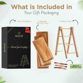 MAJURI 3 Tier Wooden Serving Tray, Set of 2 Tongs Free, Tiered Serving Trays & Platters for Party, Wedding, Picnic, Your Perfect Elevated Charcuterie Stand and for 3 Tiered Dessert Stand Lovers