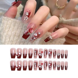 HAPVITAL 24 Pcs Nail Tips, Nail Tips, Popular, 3D Nail Tips, Handmade Nail Tips, Japanese Style, Bride Nails, Glossy, Wedding Nail Tips, Cute, Long, Nail Tips