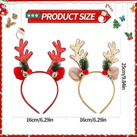 2 Pieces Christmas Headband Red Reindeer Antler Party Hats Gold Xmas Hair Band Hair Hoop with Ears Christmas Head Hat Toppers Costume Headbands Photos Booth Headwear Party Decoration for Kids Adults