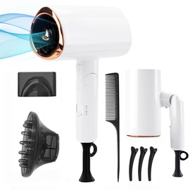 Secadora de Cabello Profesional con Iones, Potente 1800W para un Secado Rápido, Secadora con Difusor para Rizos, Secadora de Pelo Portatil con Mango Plegable, 3 Temperaturas / 2 Velocidades (Blanco)