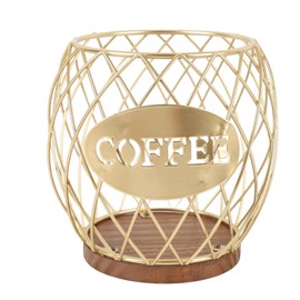 Iron Coffee Pod Holder, Metal Coffee Bar Basket K Cup Organizer for Counter with Wooden Base, K Cup Holders Coffee Pods Storage Organizer Rack for Kitchen Office (Gold)