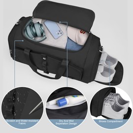 YOUNGOA Gym Bag for Women with Shoe Compartment, 25L Right Capacity Workout Bag, Black