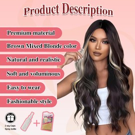 Long Wavy Wig with Lace Hairline 26 Inch Middle Part Curly Wigs for Women Synthetic Heat Resistant Fibers Wig for Daily Wear and Party Use (Brown Mixed Blonde)