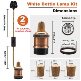 Bottle Lamp Kits, 2 Pack Bronze Bottle Lamp Adaptor Kit, Lamp Kits Do it Yourself, E27 Ceramic Lamp Holder with 240cm Plug and Switch, Brass Table Lamp Kit, Floor Lamp kit, with 3 Sizes of Stoppers
