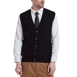 Kallspin Men's Cable Knit Sweater Vest Wool Blend V Neck Button Down Sleeveless Cardigan Vest(Black, Medium)