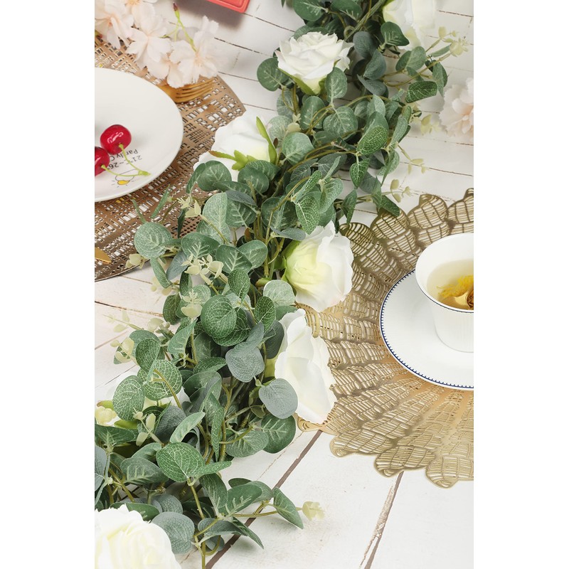 Famibay Artificial Eucalyptus Garland with Roses 1Pc 5.9Ft Greenery Garland