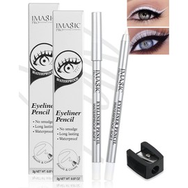 2Pcs White Waterproof Gel Eyeliner Pencil,Highlighter Eye Liner Pencil Natural Matte Long Lasting Super Smooth formula White Eye Liner Eyeshadow Makeup Pens,Eye Brightener Pencil with Pencil Sharpener