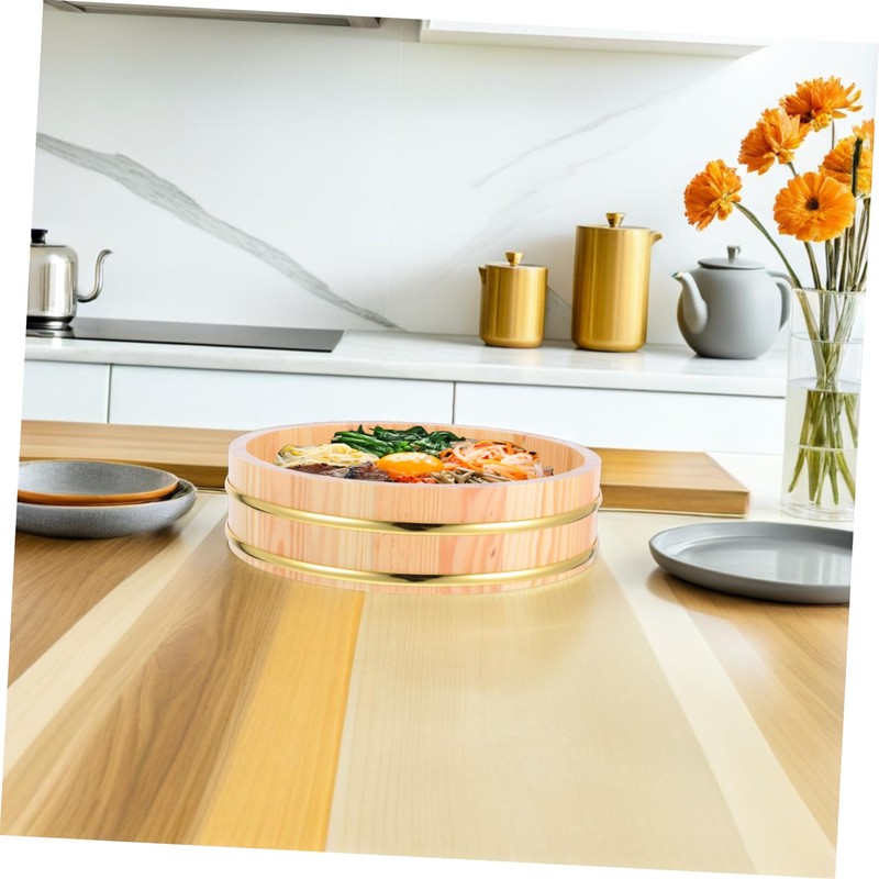 VICASKY Traditional Wooden Sushi Rice Mixing Tub Wooden Rice Bucket