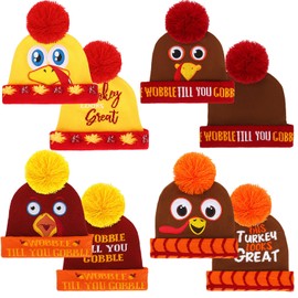 4 Pcs Turkey Pom Pom Beanie Hat Thanksgiving Funny Beanie Turkey Hat Turkey Knitted Cap for Kids Baby Adults Men Women Dress up Costume Running Winter Cosplay