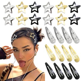 SAWINDA 24Pcs Gold Star Hair Barrettes for Women Metal Snap Hair Clips Water Drop No Slip Hair Pins Y2K Accessories for Girls