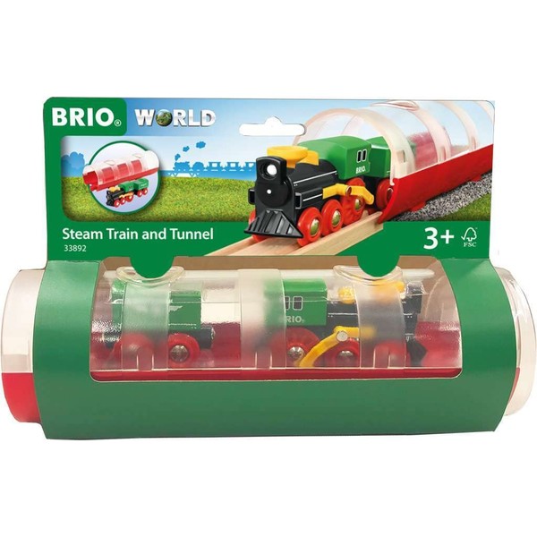 BRIO World 33892 - Steam Train & Tunnel - 3 Piece Wooden Toy Train Set for Kids Age 3 and Up