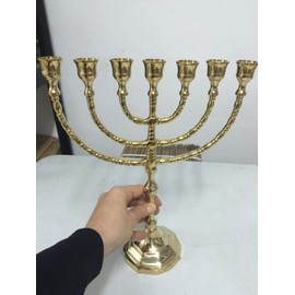 Yaliland Menorah Modern Candle Holder 7 Branches Brass Pure Copper Menora - 12 Inches High