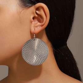 Aneneiceera Boho Exaggerated Coin Disc Earrings Gold Textured Coin Dangle Earrings Round Hammered Disc Drop Earrings Geometric Circle Earrings Jewelry for Women (Silver)
