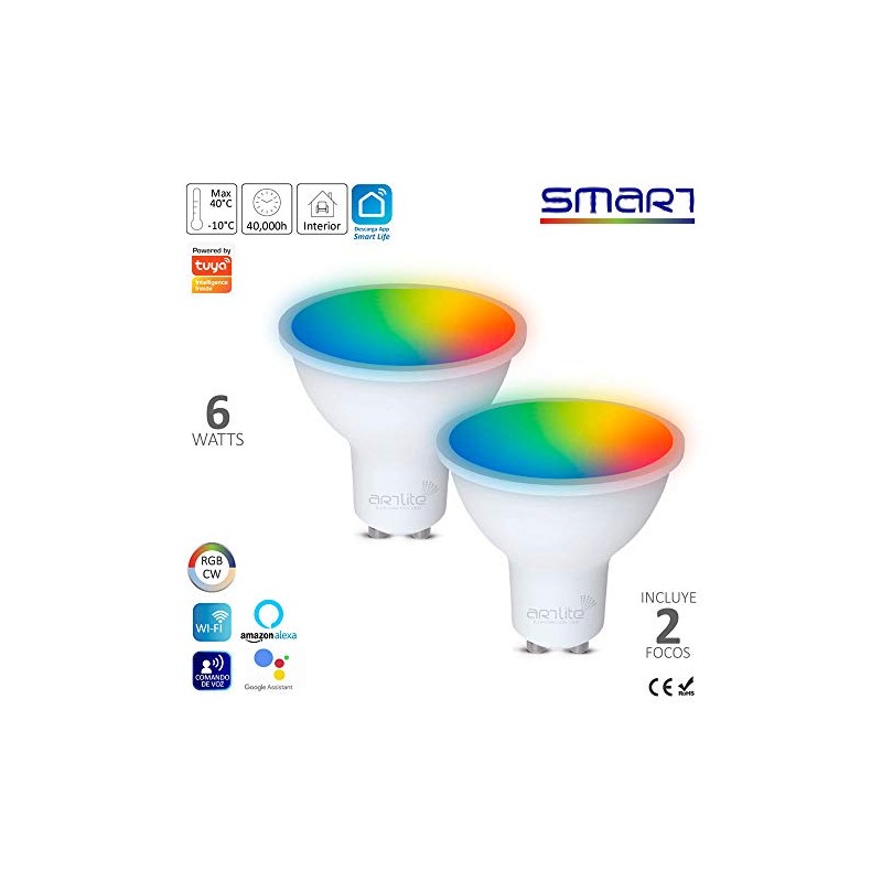 2 FOCOS SMART LED WiFi GU10 6W RGB CW MULTICOLOR
