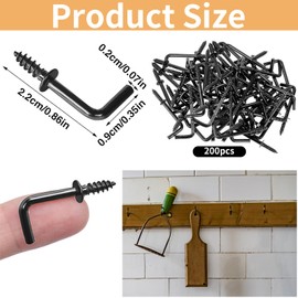 RFYTDCF Pack of 200 hook screws, L screw hooks, small hooks, right angle for screwing, black wall hooks, mini hook rail, screw-in hooks for hanging, 2.2 cm