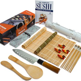 Sushi Making Kit 16 Pcs - Bamboo Sushi Rolling Mat and Serving Set - Make Your Own Sushi at Home - 2 Sushi Mat, 4 Pairs Chopsticks with Bag, Sushi Bazooka, Paddle, Spreader, Chopstick Holder with Book