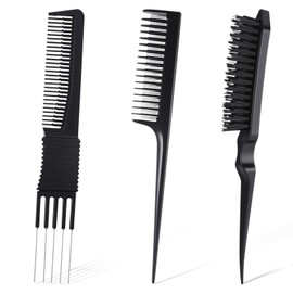 3 PCS Black Teasing Combs Hair Brush Set, Includes Triple Pin Rat Tail Comb, Black Carbon Lift with Metal Prong, Nylon Bristle Hair Brush for Women Stylist Men Brushing Combing Slicking