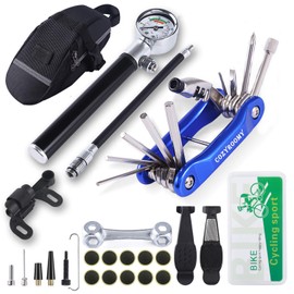Cozyroomy Bicycle Tyre Repair Kit - Repair Tool Set with 210 PSI Mini Pump 10 in 1 Multitool (With Chain Separator), 10 Bicycle Patches, 3-in-1 Tyre Lever, Tool Bag -, blue