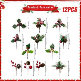 12 Pcs Artificial Christmas Pine Picks Christmas Picks Decorations Christmas Pine Cones Red Berry Artificial Pine Cones Berry Stems Decor Bouquets for Christmas Crafts Holiday Decorations