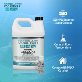 Fiberglass Warehouse White Gel Coat – 1 Gallon Gelcoat (WAXED) with 2 oz MEKP Catalyst, Easy Application, Modified Polyester Resin – Durable, UV Resistant, Ideal for Marine, Auto, Composite Repairs