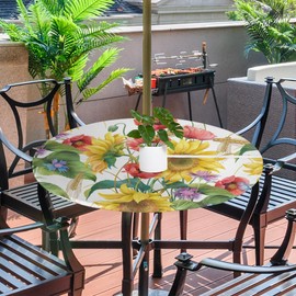 KNEMI Outdoor Round Tablecloth with Umbrella Hole, Sunflowers Patio Table Cover Fitted Tablecloth Waterproof Umbrella Table Cover for Party Picnic,Fit for 36"-44" Round Tables