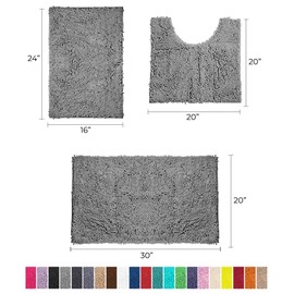 Bathroom Rugs Sets 3 Piece, Includes U-Shaped Contour Toilet Mat, 20 x 30'' and 16 x 24'' Bath Mat, Non-Slip Shaggy Gray Bathroom Rugs and Mats Sets, Machine Washable, Light Grey