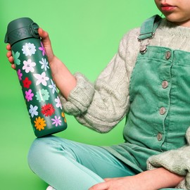 Ion8 Steel Water Bottle, 600 ml/20 oz, Leak Proof, Easy to Open, Secure Lock, Dishwasher Safe, Flip Cover, Fits Cup Holders, Carry Handle, Durable, Metal Water Bottle, Raised Print, Floral Design