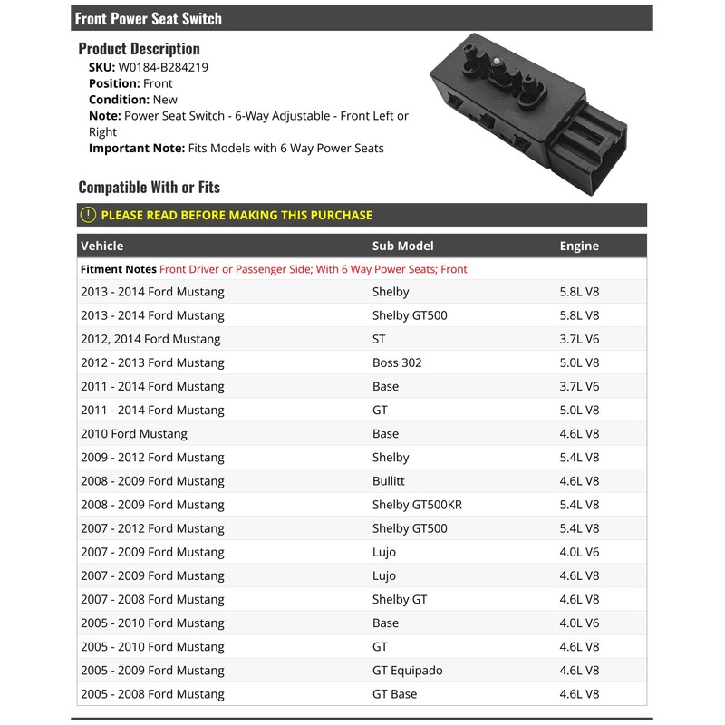 Front Power Seat Switch - 6-Way Adjustable - Compatible with