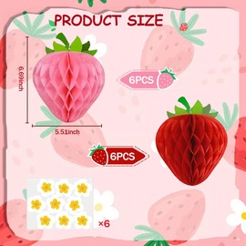 KLAZYUN KLAZYUN 12PCS Strawberry Party Decoration Honeycomb Ball, Berry Fruit Theme Party Centerpieces, Hanging Paper Decoration Supplies for Birthday and Baby Shower, 6 Red and 6 Pink