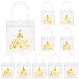Whaline 12Pcs Christmas Clear Gift Bags with Handles Gold Foil Xmas Tree Party Favor Bags 7.9 x 3.9 x 7.9 Inch Merry Christmas PVC Treat Tote Bags for Christmas Winter Holiday