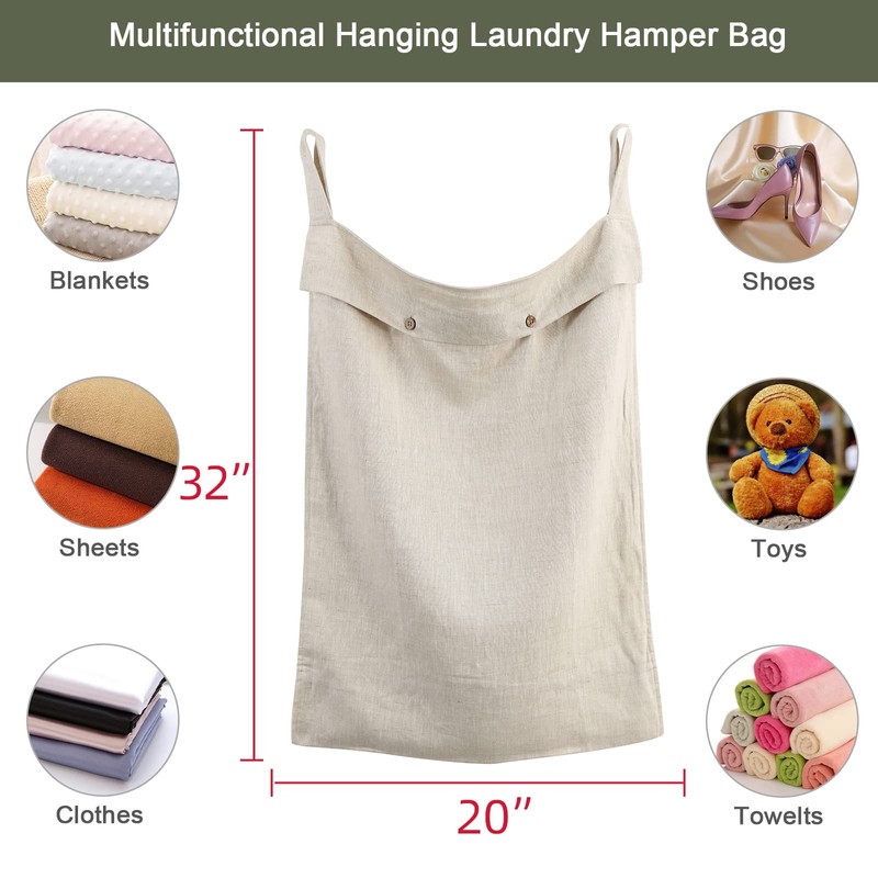 Linen Hanging Laundry Bag, 100% Linen Over The Door Laundry