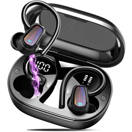 Audifonos Inalambricos Deportivos, 50H Bluetooth 5.4 Audifonos con ENC Mic y HiFi Estéreo, Auriculares inalámbricos con Ganchos Ajustables y Pantalla Digital para Deportes/Entrenamiento/Correr, Negro
