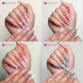 Buy 10 Get 10 Free! [Machine-Made] 24pcs Press-On Nails with Rhinestones & Flowers – French Style Glue-On Nails for Women & Girls Full Cover Shiny Glitter Long Lasting Quality:_M-SQ-BK-001