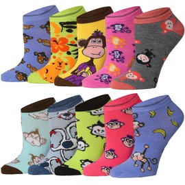 Tipi Toe Women's 10 Pairs Monkey Madness Pattern & Mix Colors For Vibrant Style Low Cut/No Show Socks, NS258-10-T1
