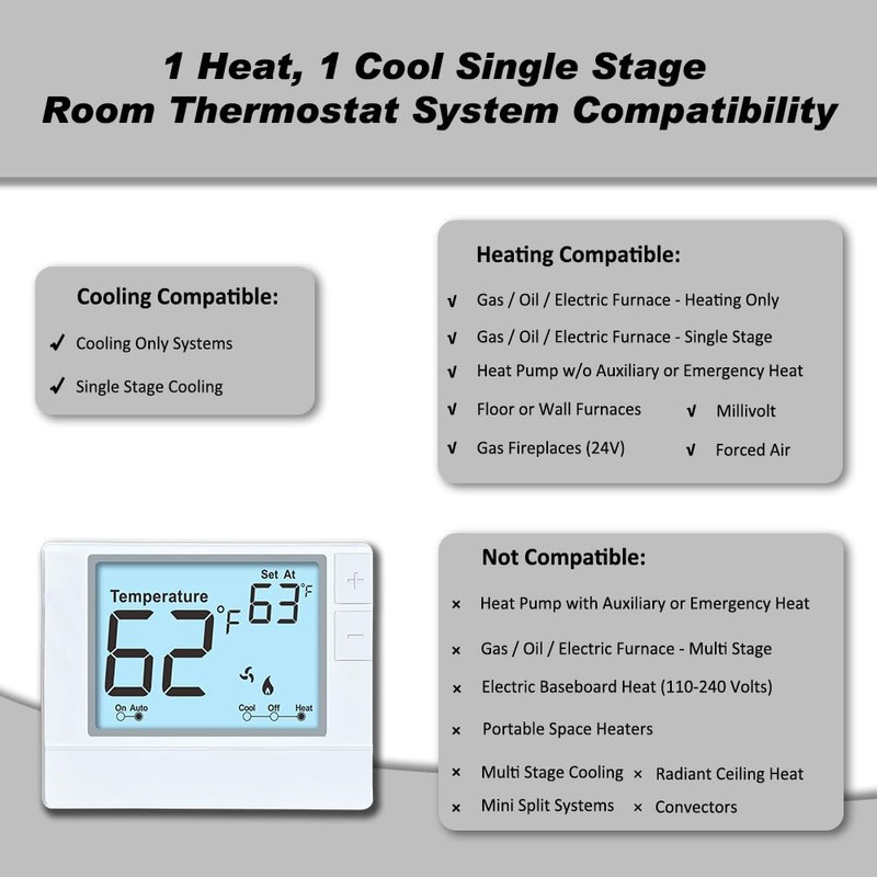 Non-Programmable Thermostat for Conventional Single-Stage Systems, 1 Heat/1 Cool, Easy