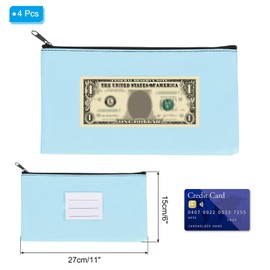 PATIKIL 11x6 Money Bank Deposit Bag with Zipper, 4 Pcs Leatherette Coin Check Wallet Pen Pouch Bag with Clear Window for Office Travel, Sky Blue