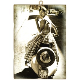 KUSTOM ART Vintage Style Picture Girl on Vespa Collectible Print on Wood for Furniture Restaurant Pizzeria Bar Hotel
