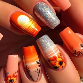 KTAABTR 24Pcs Orange Press on Nails Long Coffin Nails Flowers Fake Nails with Glue Sunset Pattern Acrylic Nails Design Full Cover Flowers Sun False Nails Stick on Nails for Women Girls