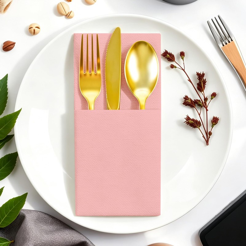 50 Pack Disposable Linen-Feel Dinner Napkins,Built-in Flatware Pocket, Pink,12x17 In,Suitable