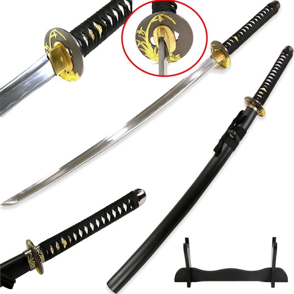 Vulcan Gear Classic Handmade Sharp Japanese Katana Samurai Sword with Scabbard and Single Sword Wood Stand - Choose You Handle Style (Orchid Tsuba)