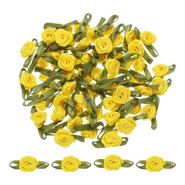sourcing map 50pcs Yellow Ribbon Roses 5/8" x1-3/16 Mini Roses for Crafts Little Satin Bows Roses Artificial Flowers