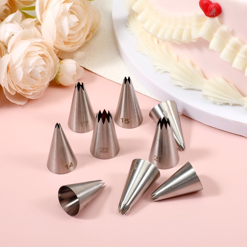 Stainless Steel Star Piping Tips Set, 9 Piece French Star