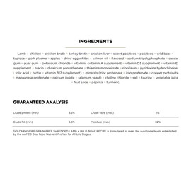 Go! Solutions Carnivore Grain-Free Shredded Lamb + Wild Boar, Our Highest-Protein Wet Dog Food Made with Natural, Real Meat Ingredients, Suitable for Puppies, Adults, & Seniors, 12.5 oz