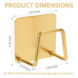Blueden 2Pcs Adhesive Sponge Holder for Kitchen Sink Essentials, Stainless Steel Dish Soap Holder, Rustproof and Waterproof, Quick Drying, Minimal Size Saves Space, Gold