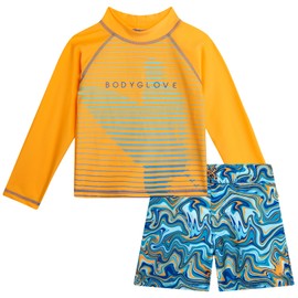Body Glove Toddler Boys Swim Set - 2 Piece UPF 50+ Quick Dry Swim Trunks and Rash Guard for Boys Kids Swimwear (Sizes: 2T-4T), Size 3T, Orange Swirl Surf