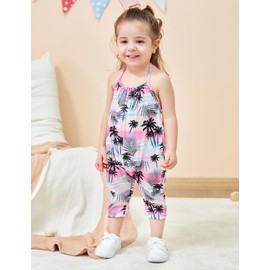 Lindanina Toddler Girl Romper Coconut Tree Backless Halter Jumpsuits 12-24 Months Infant Cute Sleeveless One Piece Clothes Summer Overalls Birthday Outfit with Pockets