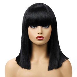 Straight Black Wig with Bangs, Short Bob Heat‑Resistant Synthetic Hair Full Wig for Women & Girls, Adjustable Cap, Fancy Dress Cosplay Party Halloween (Black)