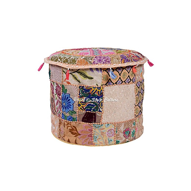 Stylo Culture Cotton Patchwork Embroidered Ottoman Stool Pouf Cover Beige