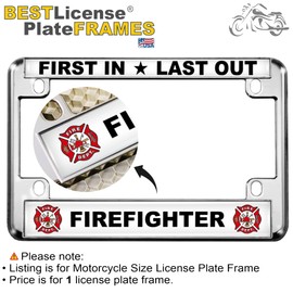 Motorcycle Metal License Plate Frame with Firefighter Design - Chrome