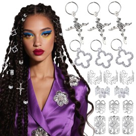 106 PCS Silver Hair Jewelry Clips The Flower Themed for Braids Cuffs Loc Charms Hair Accessories Rings Pendant Metal Jewelry Decoration